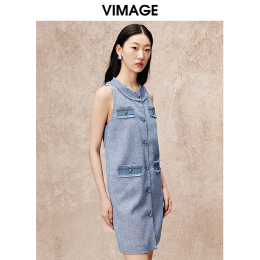 VIMAGE纬漫纪秋季新款复古法式气质显瘦高腰无袖连衣裙V2207803 商品图4