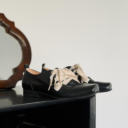 faytobe 复古系带芭蕾鞋手工方头牛皮侘寂风深口丝带小皮 商品图5