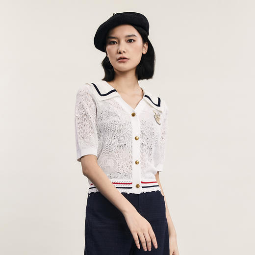 谜底针织开衫短袖女2024年夏季新品复古海军领提花上衣242MZ0886 商品图1