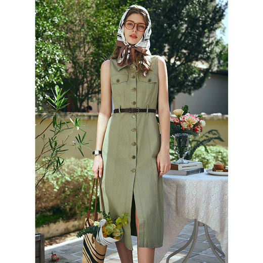 OLrain欧芮儿法式绿色连衣裙女早春2024新款复古收腰翻领无袖裙子 商品图1