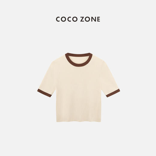 COCO ZONE2024时尚撞色圆领短袖针织衫通勤百搭上衣CC1B0727 商品图0