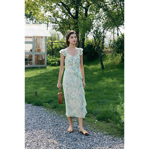 HeyDress法式V领碎花连衣裙女夏季收腰设计感浪漫荷叶边印花裙子 商品图1