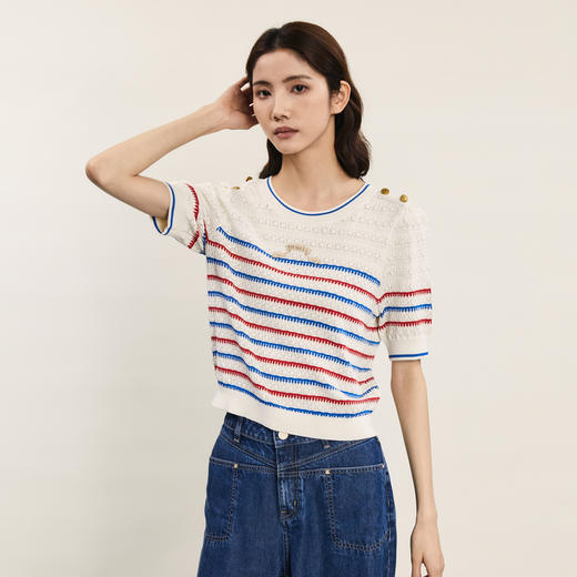 谜底条纹针织衫短袖女2024夏季新品文艺风圆领套头上衣242MZ0888 商品图1