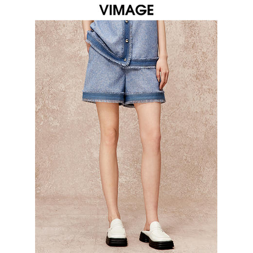 VIMAGE纬漫纪秋季新款时尚复古高腰显瘦通勤阔腿短裤V2205801 商品图2