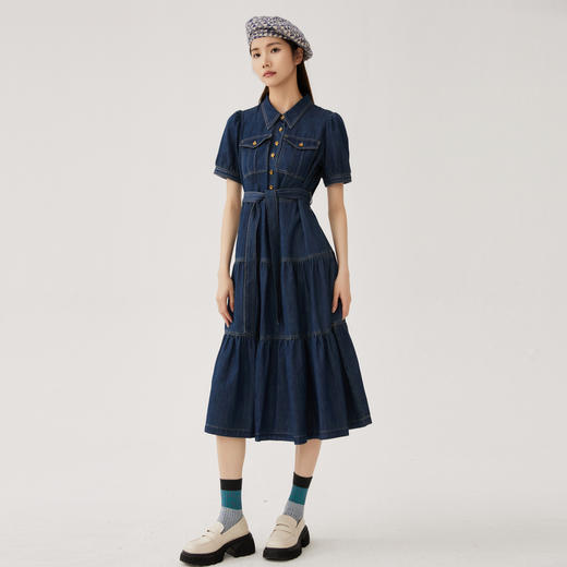 谜底牛仔连衣裙短袖女2024夏季款复古文艺后背刺绣长裙247ML5101 商品图0