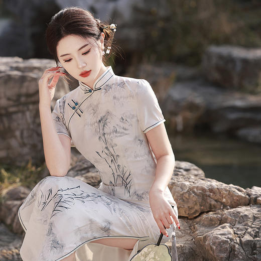 双层竹节麻显瘦日常穿搭旗袍连衣裙MLS6880 商品图1