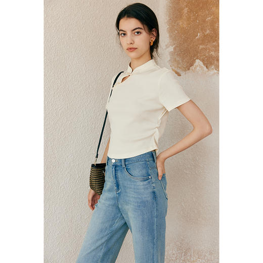 HeyDress新中式盘扣T恤女夏季立领收腰抽褶设计短款坑条短袖上衣 商品图2