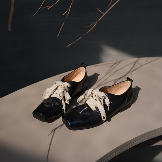 faytobe 复古系带芭蕾鞋手工方头牛皮侘寂风深口丝带小皮 商品图0