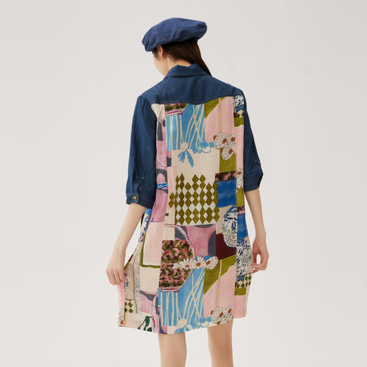 谜底衬衫式连衣裙中袖女2024夏新款牛仔拼接花色直筒裙247ML5102 商品图2