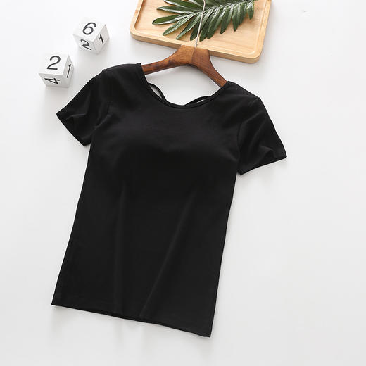 棉美背螺纹女内搭【带胸垫t恤罩杯一体短袖】夏季外穿打底衫 半袖上衣  商品图7