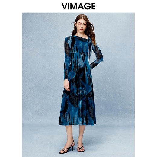 VIMAGE纬漫纪秋季新款高腰显瘦修身晕染印花小众设计连衣裙V2207801 商品图4