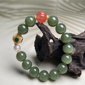 33855和田玉单圈手串-南红南瓜珠-珍珠-12m