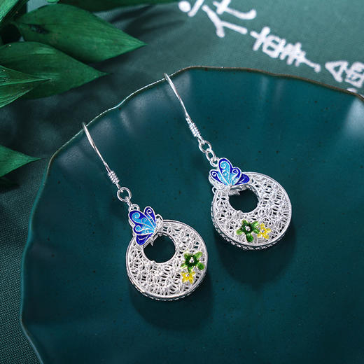 子佩集S990银【奔赴春光】耳环【YCEH001】纯银珐琅彩娇花静蝶平安扣2405 商品图0