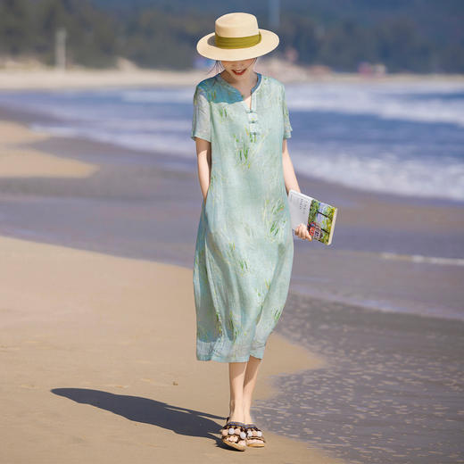 HM夏季新款文艺复古短袖柳枝印花苎麻改良旗袍裙V领大气盘扣连衣裙 商品图1