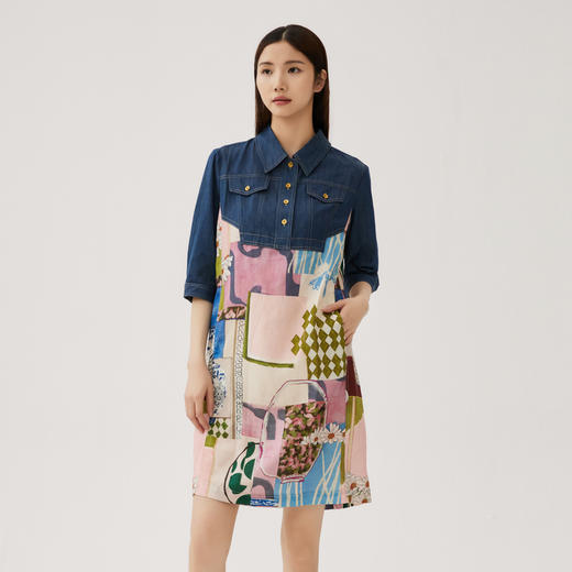 谜底衬衫式连衣裙中袖女2024夏新款牛仔拼接花色直筒裙247ML5102 商品图0