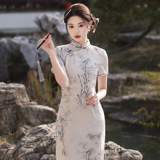 双层竹节麻显瘦日常穿搭旗袍连衣裙MLS6880 商品图0