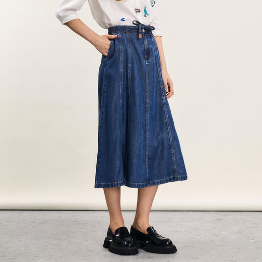 谜底松紧腰牛仔半身裙2024年夏款复古风高腰抽绳长半裙242MB0601 商品图1