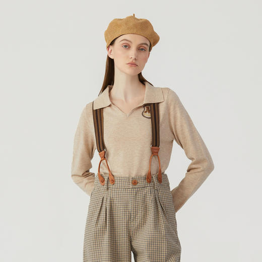 谜底套头针织衫女2024春季新款学院风翻领短款修身毛衫241MZ0360 商品图0