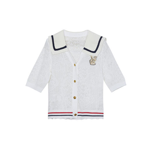 谜底针织开衫短袖女2024年夏季新品复古海军领提花上衣242MZ0886 商品图4