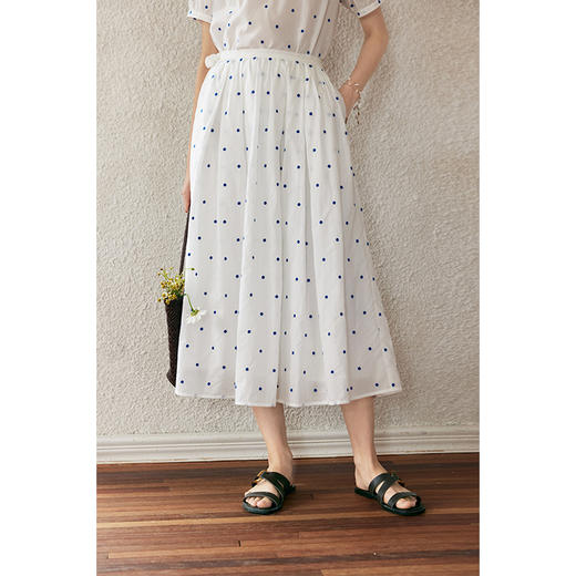 HeyDress蓝色波点套装女夏季纯棉高腰百褶a字裙子刺绣荷叶边衬衫 商品图2