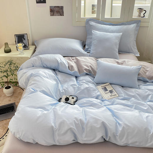【维科家纺】素色全棉四件套纯棉简约床品撞色被套三件套（蓝灰） 商品图1