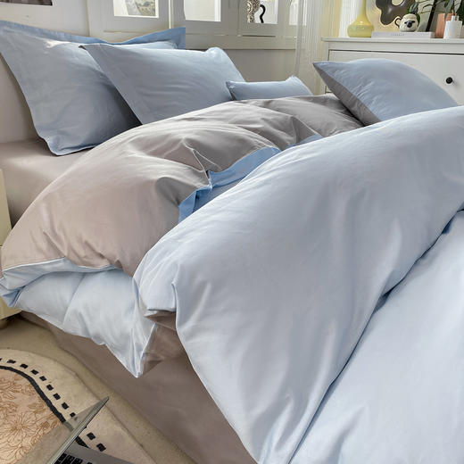 【维科家纺】素色全棉四件套纯棉简约床品撞色被套三件套（蓝灰） 商品图2