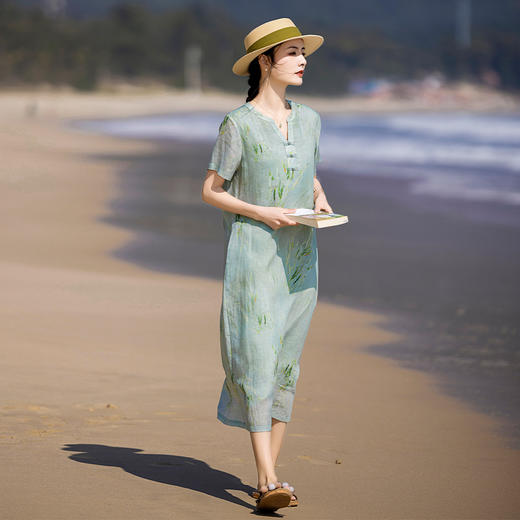 HM夏季新款文艺复古短袖柳枝印花苎麻改良旗袍裙V领大气盘扣连衣裙 商品图2