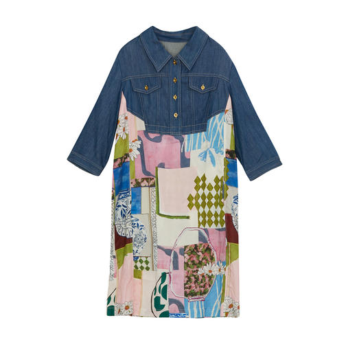 谜底衬衫式连衣裙中袖女2024夏新款牛仔拼接花色直筒裙247ML5102 商品图4