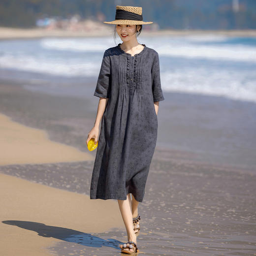 HM-S454亚麻碎花连衣裙复古花边圆领风琴褶中袖印花A字裙 24春夏原创新款 商品图0