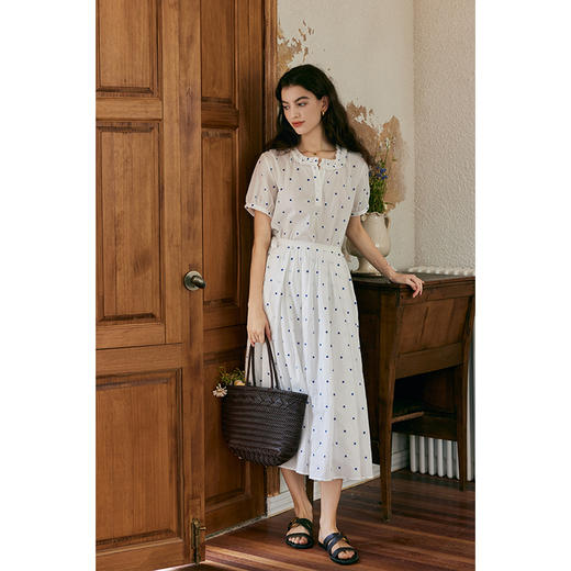 HeyDress蓝色波点套装女夏季纯棉高腰百褶a字裙子刺绣荷叶边衬衫 商品图0