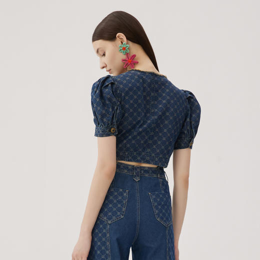 谜底短款上衣短袖女2024夏款复古风牛仔提花单排扣外套247MW5019 商品图2