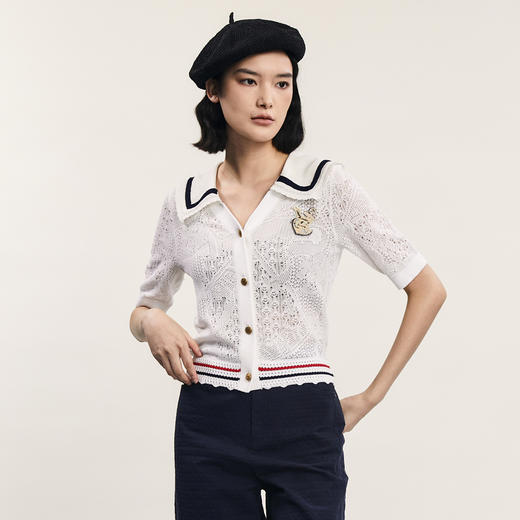 谜底针织开衫短袖女2024年夏季新品复古海军领提花上衣242MZ0886 商品图3
