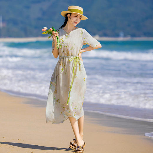 HM-S424夏季新款原创中国风复古高端苎麻印花连衣裙短袖系带文艺女装 商品图2