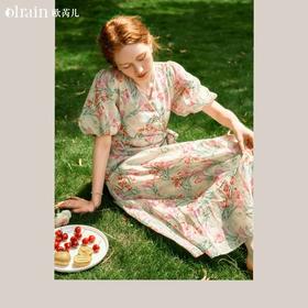 欧芮儿法式复古V领收腰碎花连衣裙女夏季2024新款收腰茶歇印花裙