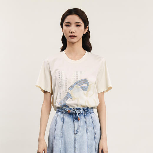 谜底T恤短袖女士2024年夏季新品文艺风圆领贴布绣花上衣242MT0712 商品图0