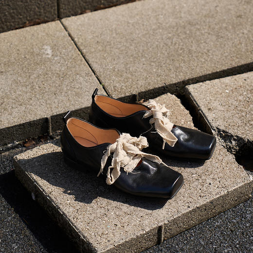 faytobe 复古系带芭蕾鞋手工方头牛皮侘寂风深口丝带小皮 商品图3