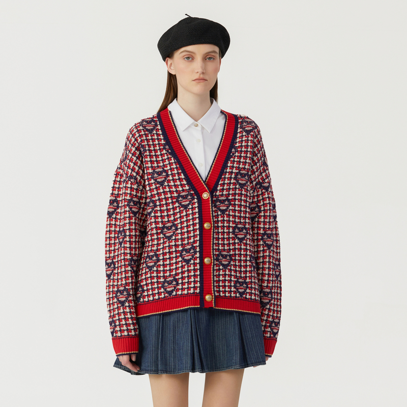 谜底V领针织开衫女2023冬季新品复古原创提花中长款毛衫234MZ1899