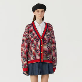 谜底V领针织开衫女2023冬季新品复古原创提花中长款毛衫234MZ1899