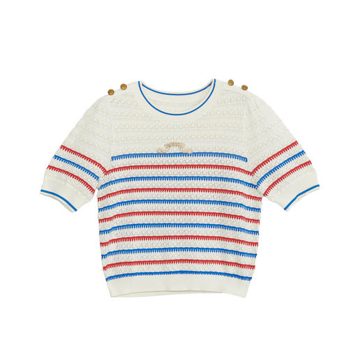 谜底条纹针织衫短袖女2024夏季新品文艺风圆领套头上衣242MZ0888 商品图4