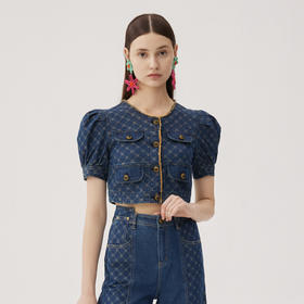谜底短款上衣短袖女2024夏款复古风牛仔提花单排扣外套247MW5019