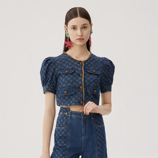 谜底短款上衣短袖女2024夏款复古风牛仔提花单排扣外套247MW5019 商品图0