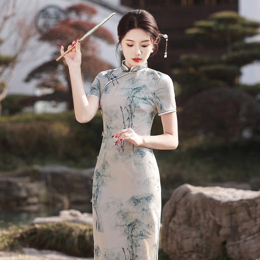 双层竹节麻显瘦日常穿搭旗袍连衣裙MLS6880 商品图3