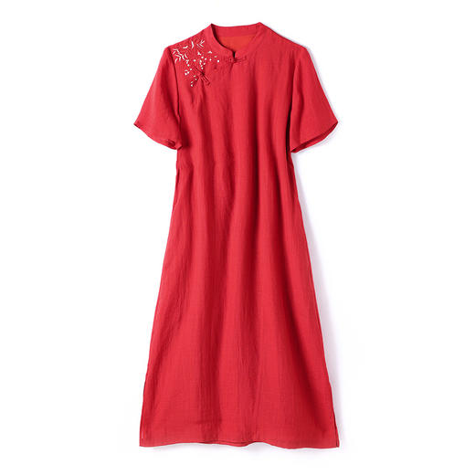 HM红色高考旗袍改良苎麻刺绣短袖立领中国风盘扣连衣裙2024春夏新款 商品图4