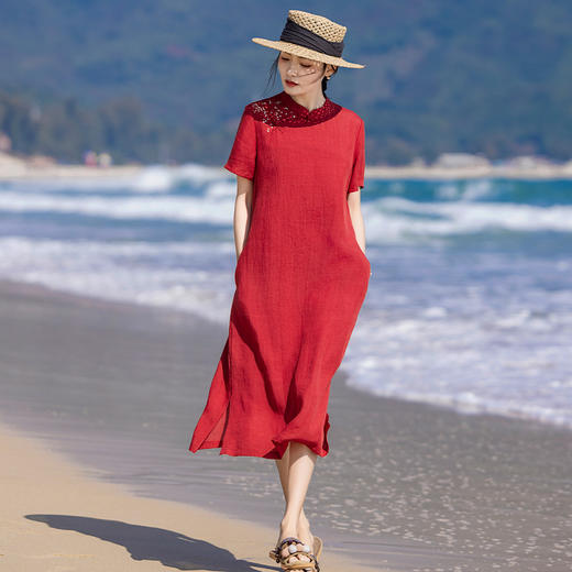 HM红色高考旗袍改良苎麻刺绣短袖立领中国风盘扣连衣裙2024春夏新款 商品图1