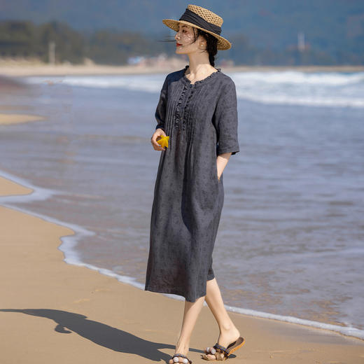 HM-S454亚麻碎花连衣裙复古花边圆领风琴褶中袖印花A字裙 24春夏原创新款 商品图2