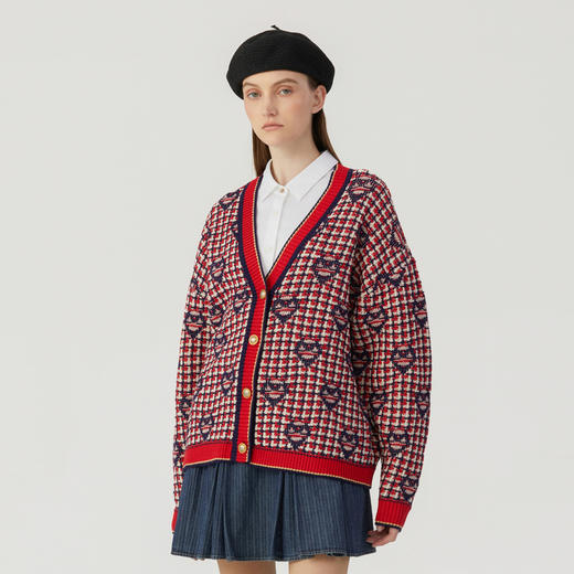 谜底V领针织开衫女2023冬季新品复古原创提花中长款毛衫234MZ1899 商品图1