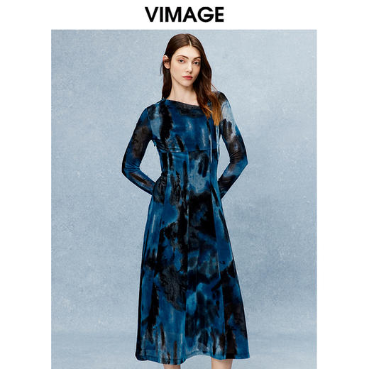 VIMAGE纬漫纪秋季新款高腰显瘦修身晕染印花小众设计连衣裙V2207801 商品图2