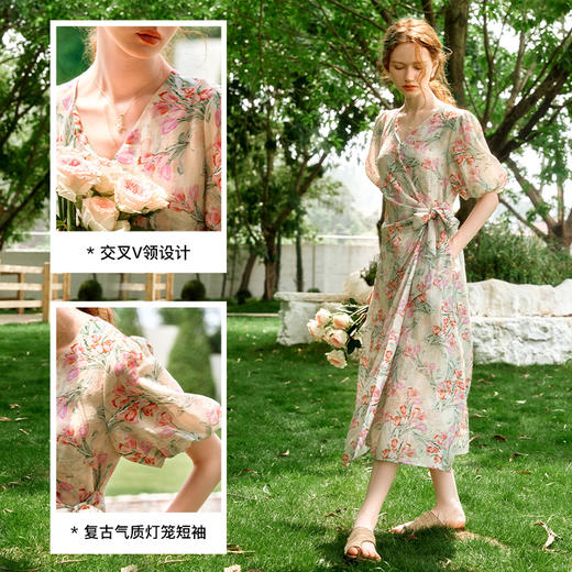 欧芮儿法式复古V领收腰碎花连衣裙女夏季2024新款收腰茶歇印花裙 商品图3