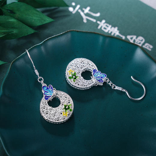 子佩集S990银【奔赴春光】耳环【YCEH001】纯银珐琅彩娇花静蝶平安扣2405 商品图1