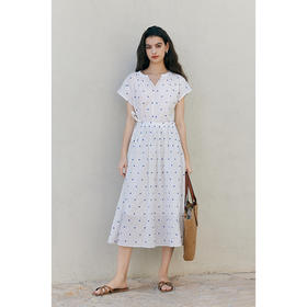 （小眠专属）HeyDress蓝色波点连衣裙女夏季法式V领收腰显瘦设计气质田园裙子